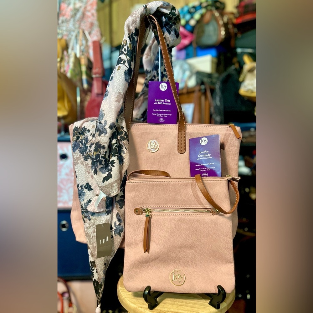NWT 3pc Bundle of Joy Mangano Leather Tote, Crossbody & full size J Jill Scarf​
